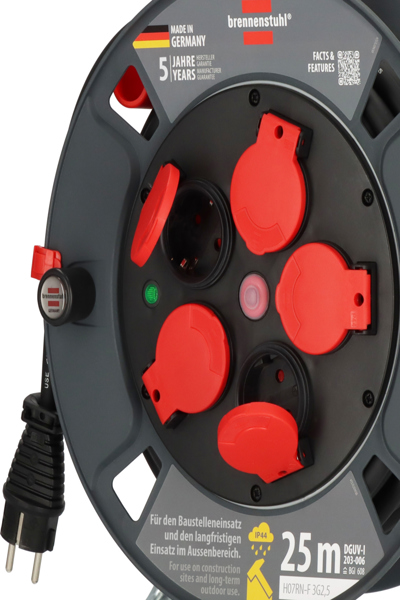 Brennenstuhl 9232250100, Svart, Röd, Plast, 5 AC-uttag, Rak, 25 m, IP44 - 9232250100