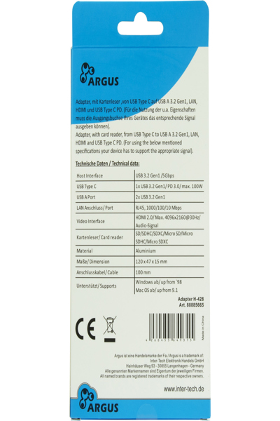 Station d'accueil Inter-Tech USB-C Argus 7 en 1 PD HDMI 2.0 Lecteur de cartes RJ45 - Adaptateur - Numérique