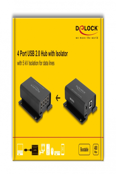 Delock 4-portars USB 2.0-isolatorhubb med 5 kV isolering för dataledningar, 0 - 40 °C, 0 - 60 °C, 73 mm, 90 mm, 31 mm, 5 V - 64226