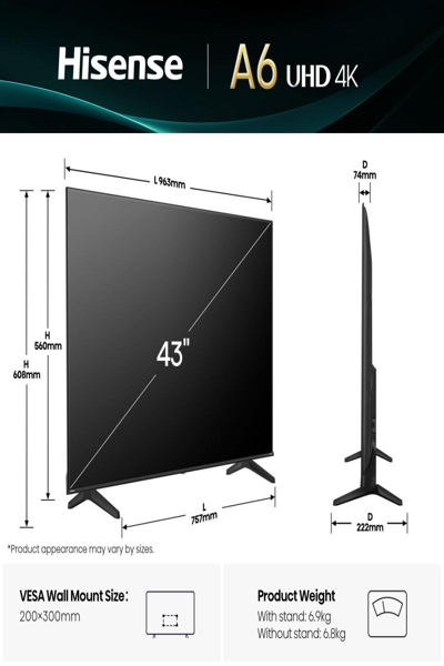 HISENSE 43A6Q 43" 4K LED SMART TV BLACK - 43A6Q