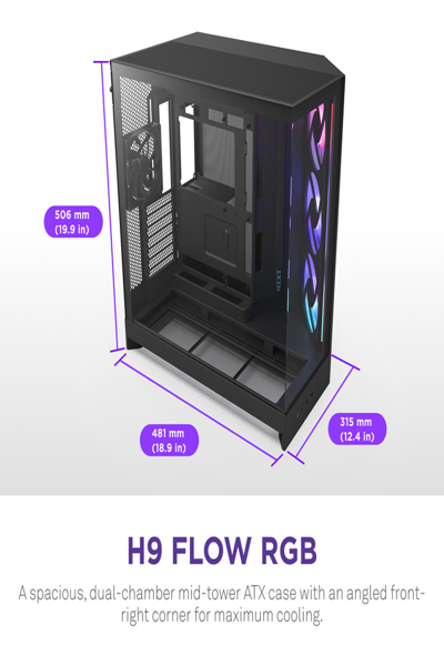 NZXT H9 Flow RGB+ midi-torn-PC svart - CM-H92FB-P1