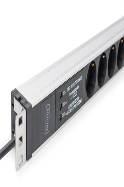 DIGITUS Socket strip with aluminum profile and surge protection, integrated line filter, 6 safety sockets, 2 m cable safety plug - DN-95432