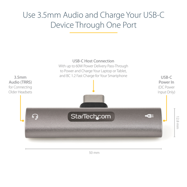 USB C Audio & Charge Adapter, USB-C Audio Adapter w/ 3.5mm TRRS Headphone/Headset Jack and 60W USB Type-C Power Delivery Pass-through Cha - CDP235APDM