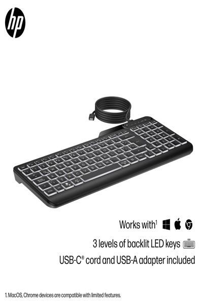 HP 405 Multi-Device Backlit Wired Keyboard: USB-C - 7N7C1AA