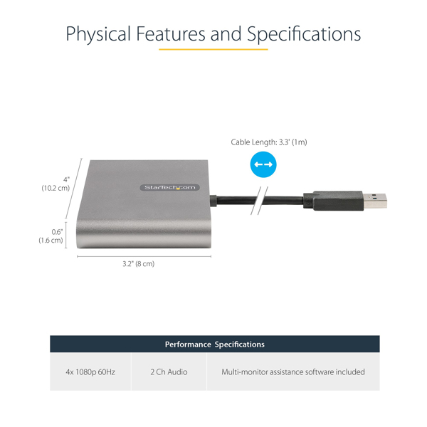 USB 3.0 to 4 HDMI Adapter, External Video & Graphics Card, USB Type-A to Quad HDMI Monitor Display Adapter Dongle, 1080p 60Hz, USB 3.0 to - USB32HD4