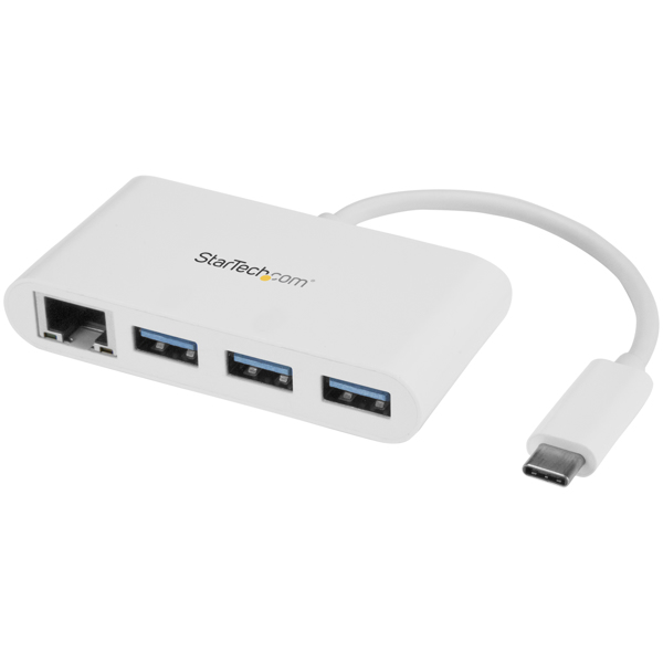 StarTech 3-Port USB-C Hub with Gigabit Ethernet - USB-C to 3x USB-A - USB 3.0 Hub - White - Wired - USB - Ethernet - 1000 Mbit/s - White - HB30C3A1GEA