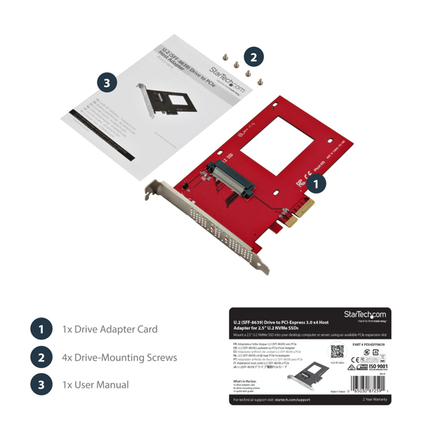 StarTech U.2 TO PCIE ADAPTER FOR 2.5 U.2 NVME SSD - SFF-8639 - X4 PCI EXPRESS 3.0 - INTERFACE ADAPTER - ULTRA M.2 CARD - PCIE 3.0 X4 - PEX4SFF8639