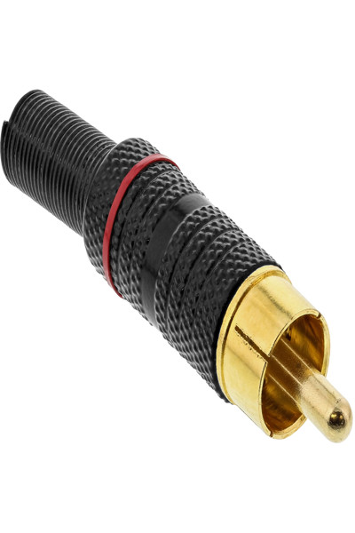 Fiche RCA mâle métallique en ligne à souder - noire - anneau rouge - pour câble 6 mm