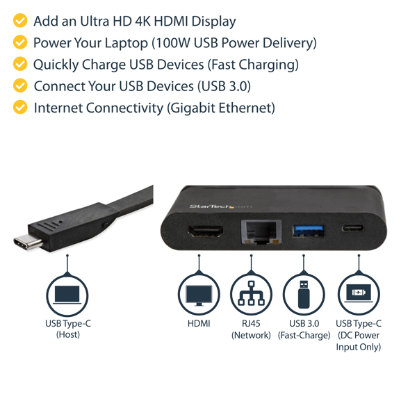 StarTech USB C Multiport Adapter with HDMI - 4K - Mac / Windows - 1xA + 1xC - 100W PD 3.0 - GbE - Docking station - USB-C - DKT30CHCPD