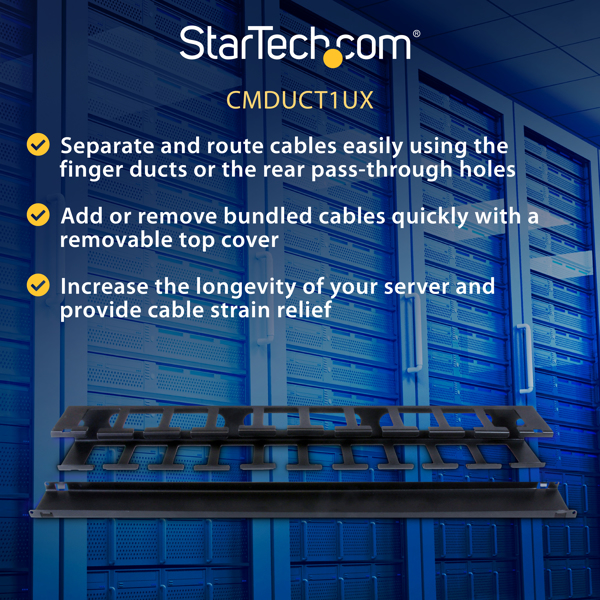 StarTech.com 1U Horizontal Finger Duct Cable Management Panel with Cover - Kabelführungsplatte für Schaltschrank - 1U - 48,3 cm (19") (CMDUCT1UX) - CMDUCT1UX