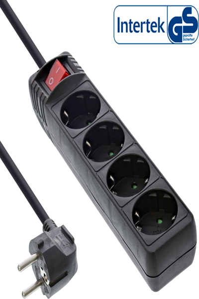 Bloc multiprises InLine - 4 prises avec contact de terre CEE 7/3 - avec interrupteur - noir - 1,5 m