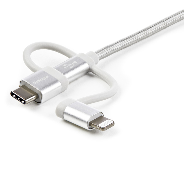 StarTech USB Lightning Cable - USB-C Micro-B Charging Cable - 1.0m - Braided - Silver - USB to Lightning Cable - USB to USB C - USB cable - USB (M) to Micro-USB Type B, Lightning, USB Type C (M) - 1.0m - Silver (LTCUB1MGR) - LTCUB1MGR
