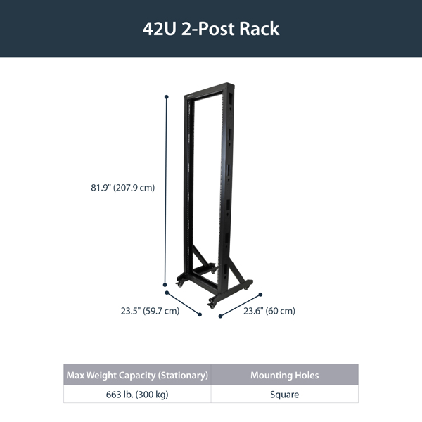 StarTech 2-Post Server Rack with Casters - 42U - 42U - Freestanding rack - 300kg - Black - Steel - Open - 2POSTRACK42