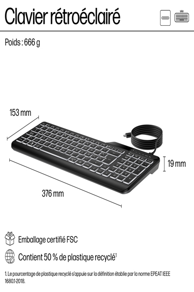 HP 405 Multi-Device Backlit Wired Keyboard: USB-C - 7N7C1AA