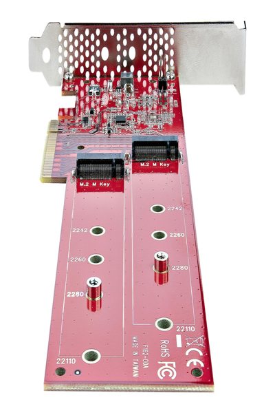 StarTech.com Dubbelt M.2 PCIe SSD-adapterkort, x8/x16 Dubbel NVMe eller AHCI M.2 SSD till PCI Express 4.0, Upp till 7,8 GBps/enhet, För 2242/2260/2280/22110 mm PCIe M-Key M2 SSD-diskar, Bifurcation krävs - DUAL-M2-PCIE-CARD-B