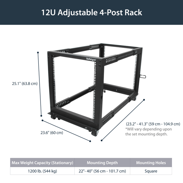 StarTech 12U Adjustable Depth Open Frame 4 Post Server Rack w - Casters, Levelers and Cable Management Hooks - Relay Rack (4 Posts) - Black - 12U (4POSTRACK12U) - 4POSTRACK12U