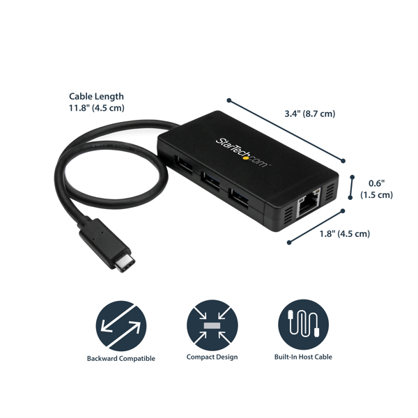 StarTech.com 3-Port USB-C Hub with Gigabit Ethernet - USB-C to 3x USB-A - USB 3.0 - Includes Power Adapter - Wired - USB - Ethernet - 1000 Mbit/s - Black - HB30C3A1GE