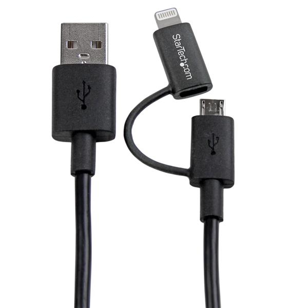 StarTech Apple 8-pin Lightning or Micro USB to USB Combo Cable - iPad / iPhone / iPod / cellular phone / tablet charging / data cable - Lightning / USB - 24/28 AWG - USB Type A, 4-pin (M) - 5-pin Micro-USB Type B, Lightning (M) - 1.0m - shielded - Black - LTUB1MBK