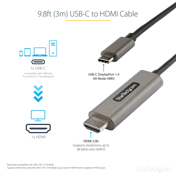 3m USB C to HDMI cable 4K 60Hz with HDR10 - Ultra HD USB Type-C to 4K HDMI 2.0b Video Adapter Cable - USB-C to HDMI HDR Monitor/Display - CDP2HDMM3MH