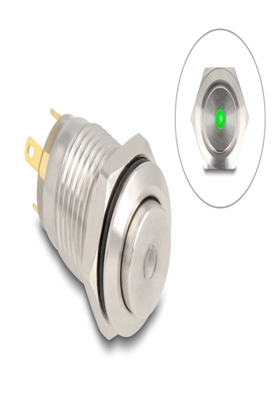 Delock Push button - for 12 mm installation, 4 x solder connection, green LED dot - 20982