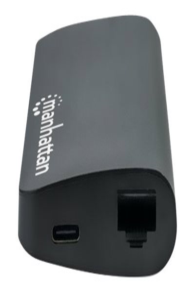 Manhattan USB-C Dock/Hub with Card Reader - Ports (x5): Ethernet - USB-A (3) and USB-C - 5 Gbps (USB 3.2 Gen1 aka USB 3.0) - With Power Delivery (100W) to USB-C Port (Note additional USB-C wall charger and USB-C cable needed) - Aluminium - Black - Three Year Warran - 152372
