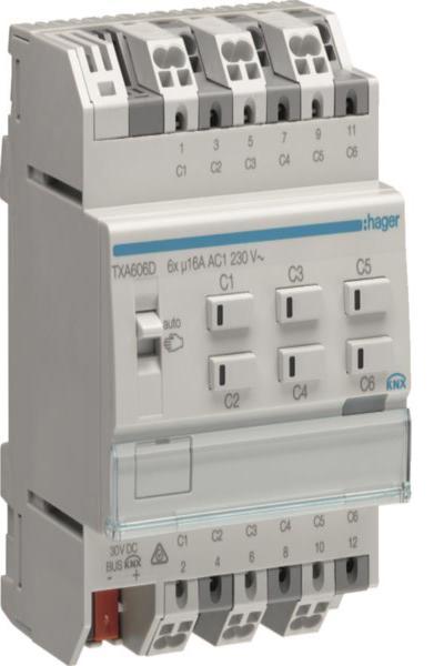 Hager TXA606D - Actionneur de store/volet roulant - Montage sur rail DIN - 6 canaux - Blanc - 230 V - 50/60 Hz