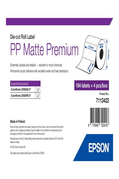 Epson 7113422 - White - Self-adhesive printer label - Die-cut label - Roll - Inkjet - Acrylic