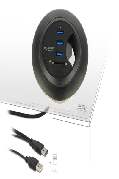 Delock In-Desk Hub 3 Port USB 3.0 + 2 Slot SD Card Reader - 62869