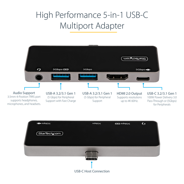 USB-C Digital AV Multiport Adapter - USB-C to 4K 60Hz HDMI 2.0, USB-C Power Delivery 100W, 3-Port USB 3.0 Hub, Audio - USB-C Mini Dock - - DKT30ICHPD
