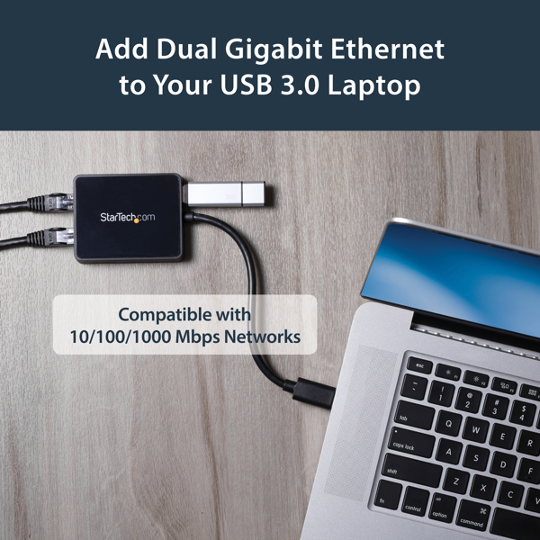 StarTech USB 3.0 SuperSpeed ​​to Dual Port Gigabit Ethernet LAN Adapter - 10/100/1000 NIC Network Adapter with USB Port - Black - Network Adapter - USB 3.0 - 2 Connections - USB32000SPT