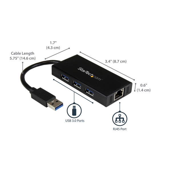 StarTech 3 Port Portable USB3.0 Hub Gigabit Ethernet - ST3300GU3B
