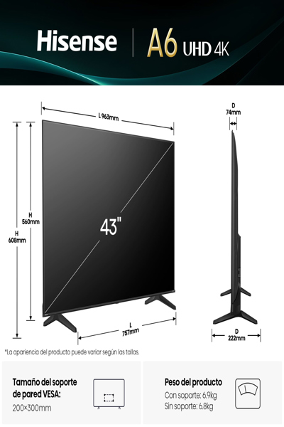 HISENSE 43A6Q 43" 4K LED SMART TV BLACK - 43A6Q