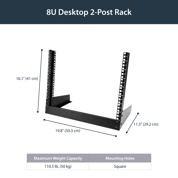 StarTech 8 HE Desktop Rack - 2 Post Open Frame Rack - Open frame rack (2 posts) - 8U - RK8OD