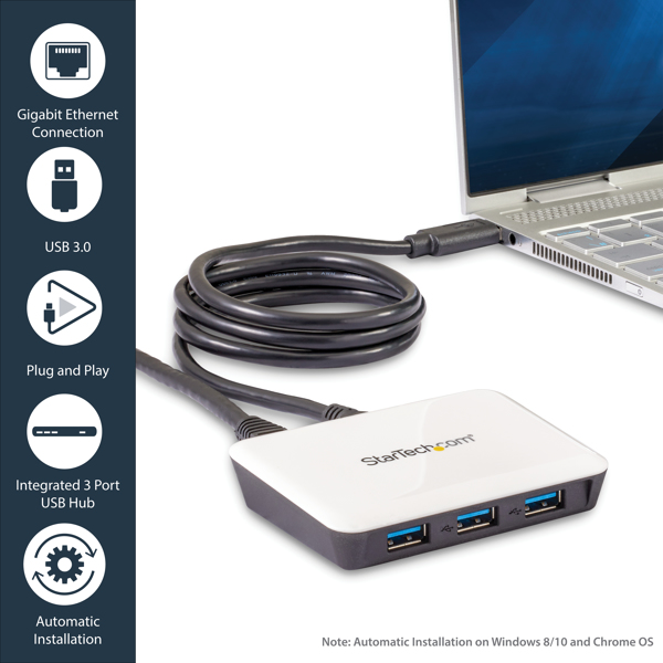 StarTech 3 Port USB3.0 Hub with Gigabit Ethernet - Hub - 3 x SuperSpeed ​​USB3.0 + 1 x 10/100/1000 - Desktop (ST3300U3S) - ST3300U3S