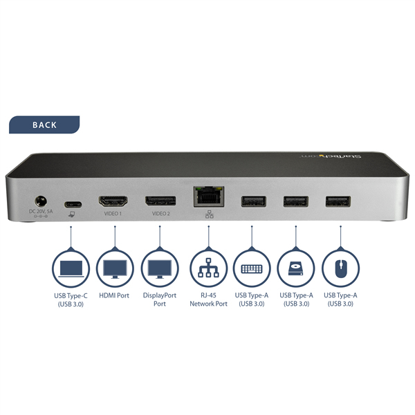 StarTech USB-C Dual 4K Monitor Docking Station for Laptops - DP / HDMI - Windows / Mac - USB 3.0 SD Card Reader - 60W Power Delivery - Docking Station - HDMI, DP - DK30CHDPPDUE