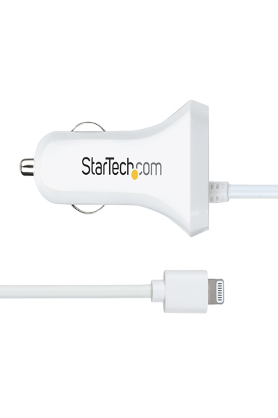 StarTech.com Lightning Car Charger with 1m Coiled Lightning Cable, 12W, White, 2 Port USB Car Charger Adapter for Phones and Tablets, In Car Apple iPhone/iPad Charger w/ Built-in Cord - USBLT2PCARW2