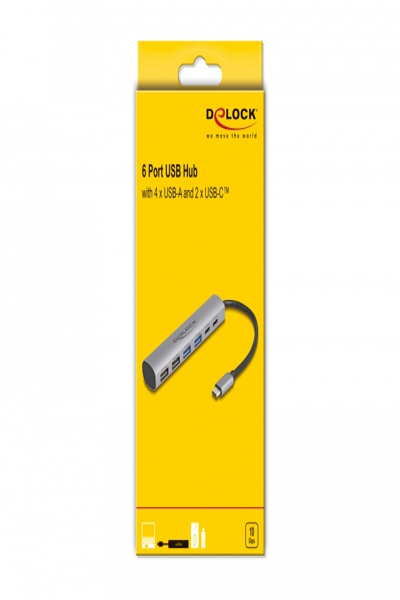 Delock 6 Port USB Hub with 4 x USB Type-A female and 2 x USB Type-C female - 64232