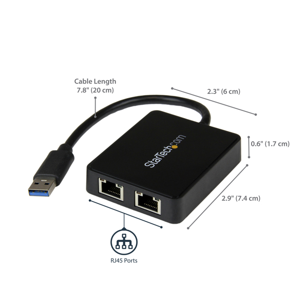 StarTech USB 3.0 SuperSpeed ​​to Dual Port Gigabit Ethernet LAN Adapter - 10/100/1000 NIC Network Adapter with USB Port - Black - Network Adapter - USB 3.0 - 2 Connections - USB32000SPT