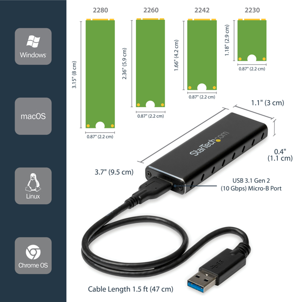 StarTech.com USB3.0 to M.2 SATA External SSD Enclosure with UASP - Speichergehäuse - M.2 (M.2) - SATA 6Gb/s - 600MBps - USB3.0 - Schwarz (SM2NGFFMBU33) - SM2NGFFMBU33