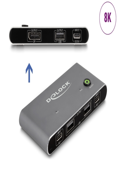 Delock USB-C KVM-switch till DisplayPort 8K 30 Hz med USB 2.0, 7680 x 4320 pixlar, 8K Ultra HD, Antracit - 11487