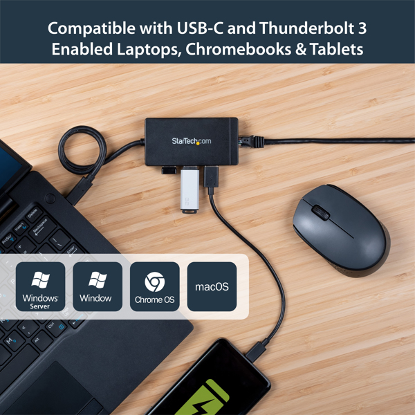 StarTech.com 3-Port USB-C Hub with Gigabit Ethernet - USB-C to 3x USB-A - USB 3.0 - Includes Power Adapter - Wired - USB - Ethernet - 1000 Mbit/s - Black - HB30C3A1GE
