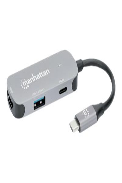 Manhattan USB-C Dock/Hub - Ports (x3): HDMI - USB-A and USB-C - With Power Delivery (100W) to USB-C Port (Note add USB-C wall charger and USB-C cable needed) - All Ports can be used at the same time - Aluminium - Space Grey - Three Year Warranty - Retail Box - Wire - 130707