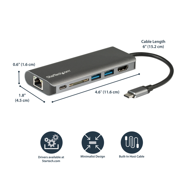 StarTech USB C Multiport adapter with HDMI - 4K - Mac/Windows - SD card reader - USB C to USB 3.0 hub - 2x USB-A 1x USB-C - 60W PD 3.0 - docking station - USB-C - DKT30CSDHPD3