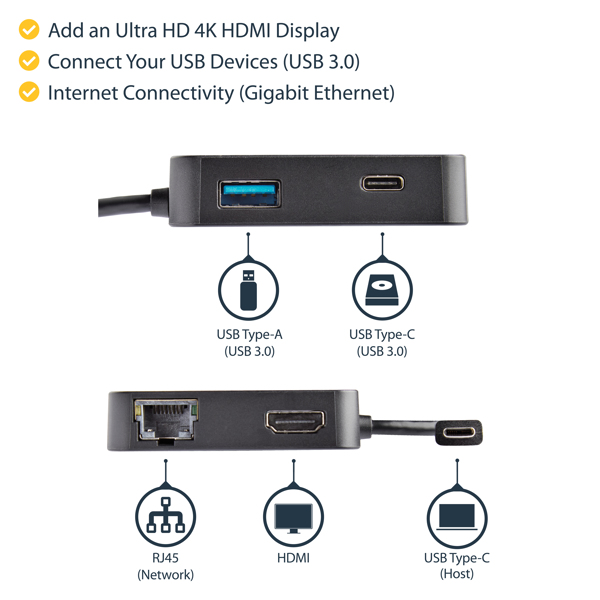 StarTech USB-C Multiport Adapter - USB Type C to 4K HDMI / USB 3.0 / Gigabit Ethernet - Powered USB Hub - USB-C to USB Adapter - external video adapter - Black - DKT30CHD