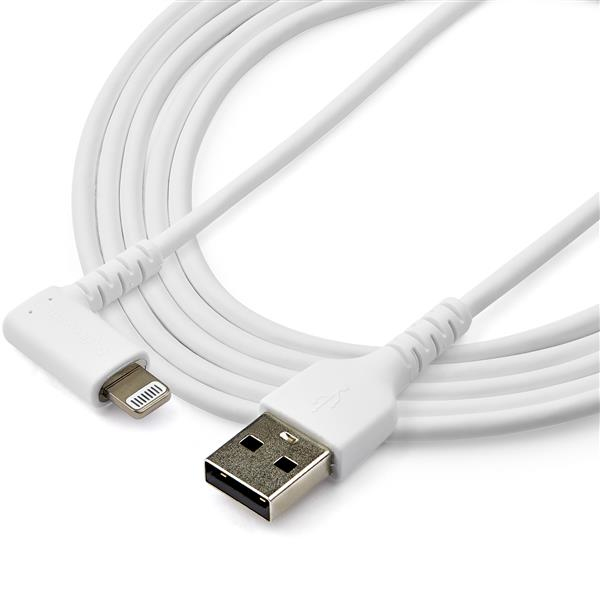 StarTech RUSBLTMM2MWR 2.0m Angled Lightning to USB Cable - Robust Apple MFi Certified Cable - White - Lightning Cable - Lightning (M) angled to USB (M) - 2.0m - double insulation - white - for Apple iPad/iPhone/iPod (Lightning) (RUSBLTMM2MWR) - RUSBLTMM2MWR