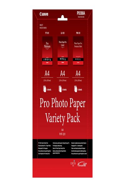 Canon PVP- 201 Pro Photo Paper Variety Pack A4 - 15 Sheets - Laser/Inkjet - A4 - White - 15 sheets - PIXMA MP272 PIXMA MP480 PIXMA MP490 PIXMA MP499 PIXMA MP600 PIXMA MP640 PIXMA MX455 PIXMA MX474... - 210 mm - 6211B021