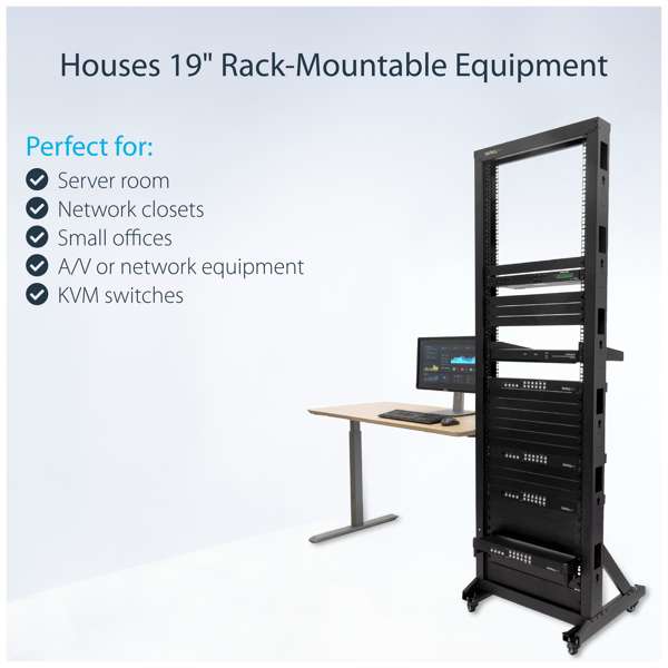 StarTech 2-Post Server Rack with Casters - 42U - 42U - Freestanding rack - 300kg - Black - Steel - Open - 2POSTRACK42