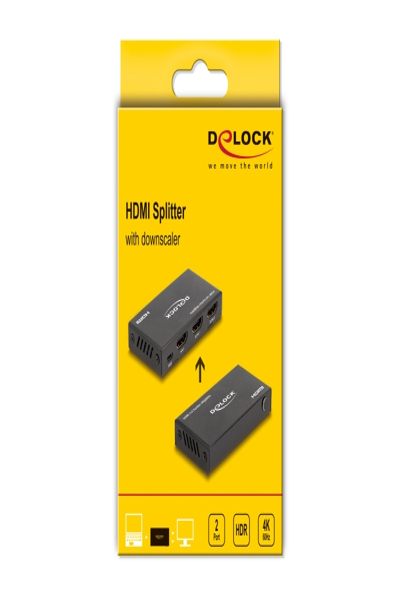 Delock HDMI Splitter 1 x HDMI in till 2 x HDMI ut 4K 60 Hz med downscaler - 18651