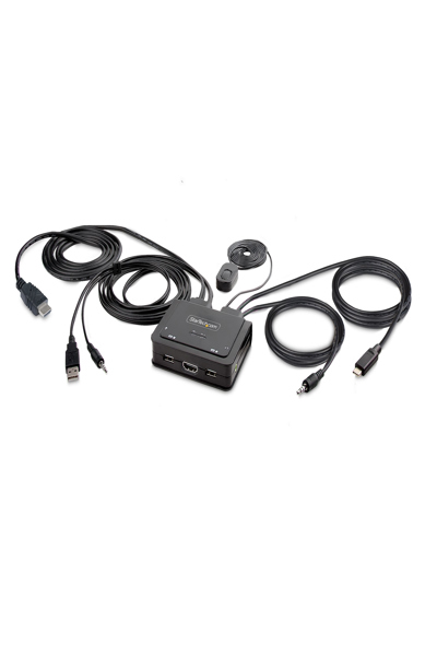 StarTech.com 2-portars hybrid USB-C HDMI-kabel KVM-switch, 4K 60Hz, kompakt KVM med 1,8 m USB-A/HDMI/ljud- och 1,2 m USB-C integrerade värdkablar, bussdriven - C2-H46-UAC-CBL-KVM