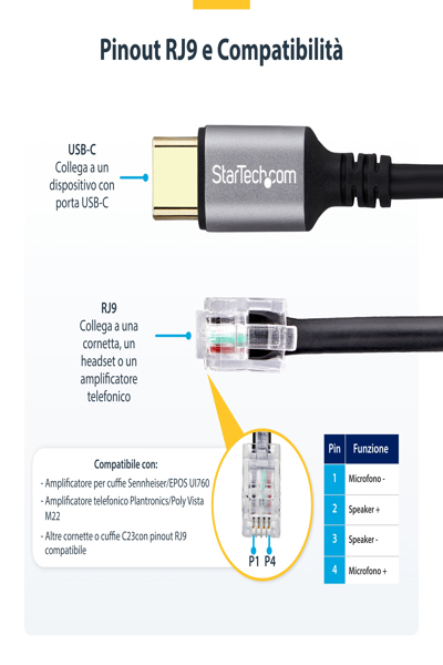 STARTECH USB-C TO RJ9 ADAPTER FOR HANDSET HEADSET - UR9-HEADSET-ADAPTER